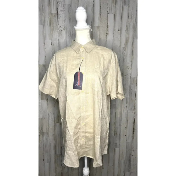 NWT Ben Sherman Men's Beige Linen Blend Short Sleeve Button-Down Shirt Medium‎ - Picture 1 of 6
